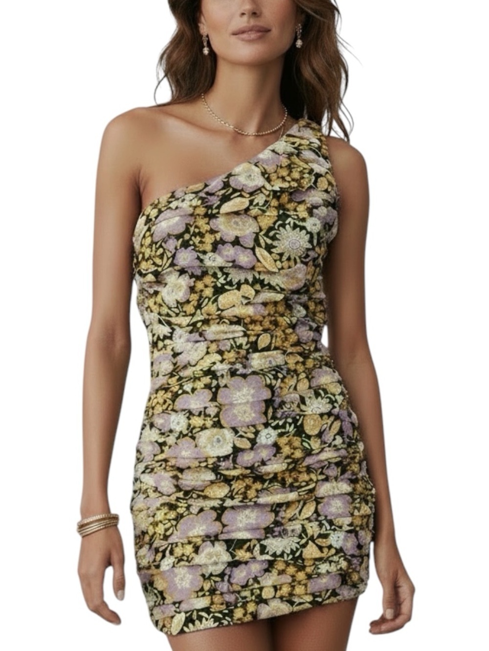 NWT ZARA One Shoulder Metallic Floral Ruched Lined Zip Mini Dress Size Medium